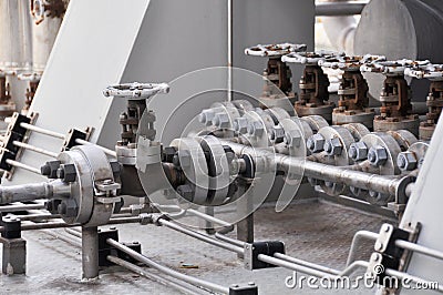 Valve control in turbine skid. Many valve set for control production process and control by human, close and open function Stock Photo