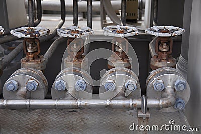 Valve control in turbine skid. Many valve set for control production process and control by human, close and open function Stock Photo