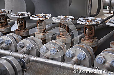 Valve control in turbine skid. Many valve set for control production process and control by human, close and open function Stock Photo