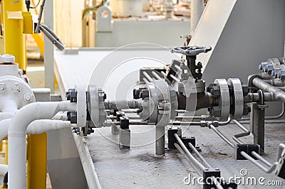 Valve control in turbine skid. Many valve set for control production process and control by human, close and open function Stock Photo