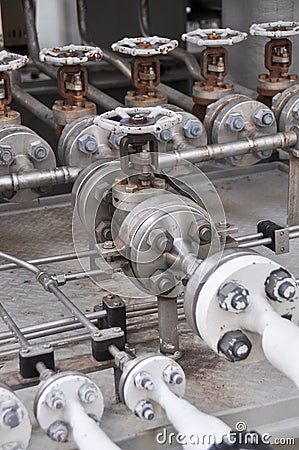 Valve control in turbine skid. Many valve set for control production process and control by human, close and open function Stock Photo