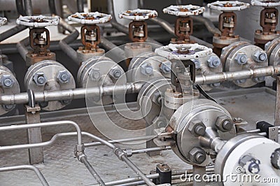 Valve control in turbine skid. Many valve set for control production process and control by human, close and open function Stock Photo