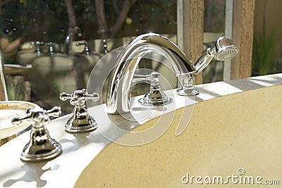 Faucet and shower head of of bath tub Stock Photo