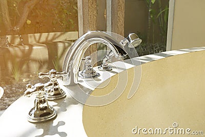 Faucet and shower head of of bath tub Stock Photo