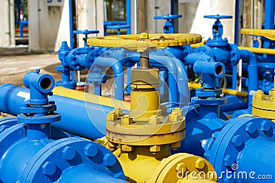 Valves at gas plant, Pressure safety valve selective focus Stock Photo