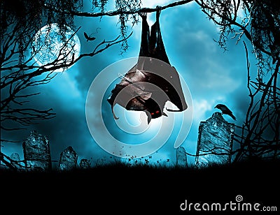 Vampire bat hanging over grave Stock Photo