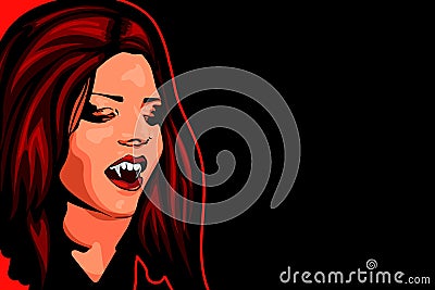 Vampire beautyful woman, red hair, open mouth, predatory vampire fang, haloween's vector image. Vector Illustration