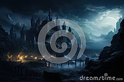 vampire Castle with a landscape of trees, foggy, in the night. by Generative AI Stock Photo