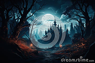 vampire Castle with a landscape of trees, foggy, in the night. by Generative AI Stock Photo
