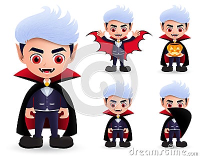 Vampire halloween characters vector set. Male vampire dracula character wearing halloween costume. Vector Illustration