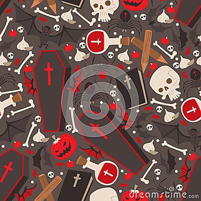 Vampire icons in seamless pattern, vector illustration. Halloween symbols, pumpkin, coffin, blood vials and bats. Set of Vector Illustration