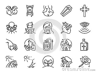 Vampire line icon set. Included icons as monster, blood, fang, undead and more. Vector Illustration