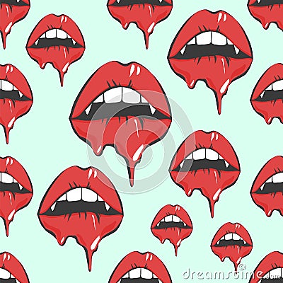 Vampire lips seamless pattern. Pop art vector illustration for halloween, packing, fabric, clothes print Vector Illustration