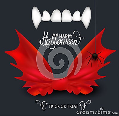Vampire teeth and red bow tie. Halloween background Vector Illustration
