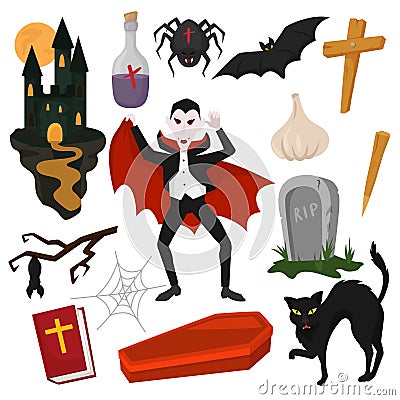 Vampire vector cartoon dracula character in scary halloween costume and vampirism signs illustration set of spooky evil Vector Illustration
