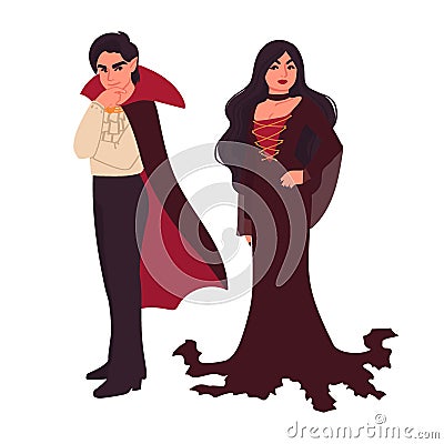 Vampires man and woman isolated on white background. Halloween characters. Costume party. Vector illustration in cartoon Vector Illustration