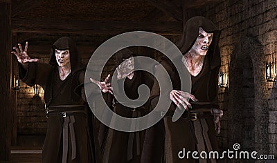 3D Illustration vampires monsters on a medieval background Cartoon Illustration