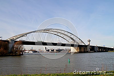 The Van Brienenoordbrug as suspension bridge over the nieuwe maas river on motorway A16 in Rotterdam the Netherlands. Editorial Stock Photo