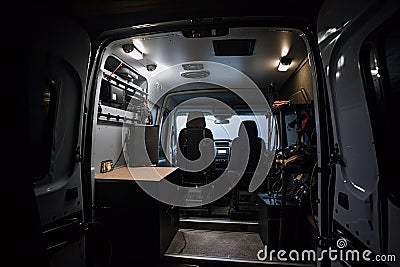 a van with a camera and lighting setup, ready to go live at any moment Stock Photo