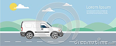 Van car free and fast delivery to customer on road background vector illustration. Van riding on highway with blue sky Vector Illustration