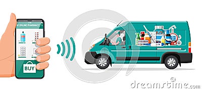 Van for delivery drugs and smartphone Vector Illustration