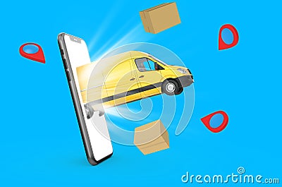 Van exit from smartphone, delivery concept Cartoon Illustration