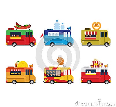 Van with food, meals on wheels, fast food. Flat Vector Illustration