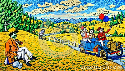 Van Gogh art style country road driving car scene Stock Photo