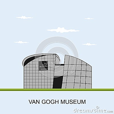 Van Gogh Museum in Amsterdam, Netherlands. Panoramic view building, an art museum dedicated to the works of Vincent van Gogh and Vector Illustration