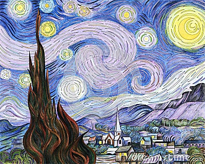 Van Gogh`s The Starry Night adult coloring page Stock Photo