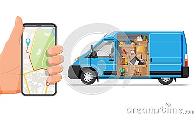 Van with household items, smartphone with map. Vector Illustration