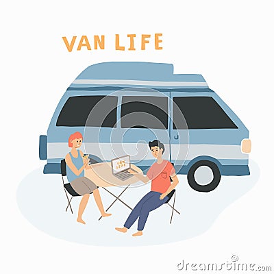 Couple sitting at the table near their campervan. Man and woman living in a van, enjoying their travel life. Hand drawn vector ill Cartoon Illustration
