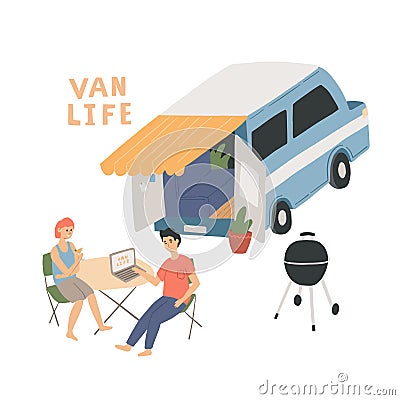 Couple sitting at the table near their campervan. Man and woman living in a van. Hand drawn vector illustration Cartoon Illustration