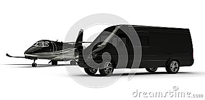 Van limousine with private jet Stock Photo