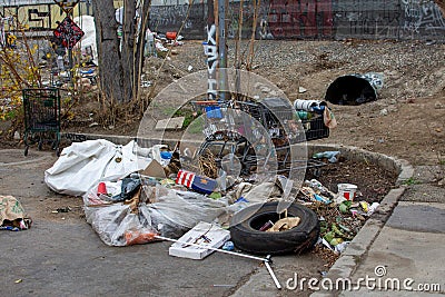 Trash, debris and graffiti are adjacent to a homeless camp at 8100 Haskell Ave Editorial Stock Photo