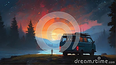 The van parked by a beautiful starry sky Cartoon Illustration