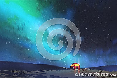 The van parked by a beautiful starry sky Cartoon Illustration