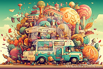 Van is parked in front of image of bunch of objects. Generative AI Stock Photo