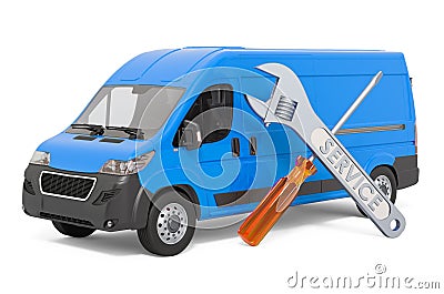 Van repair and service concept. Delivery van with screwdriver and wrench, 3D rendering Stock Photo