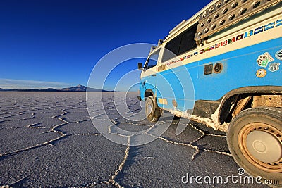 Van on Salar de Uyuni, salt lake, Bolivia Editorial Stock Photo