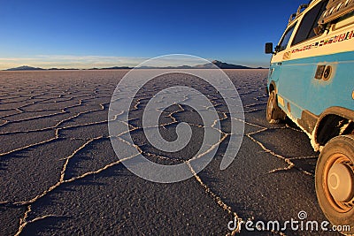 Van on Salar de Uyuni, salt lake, Bolivia Editorial Stock Photo