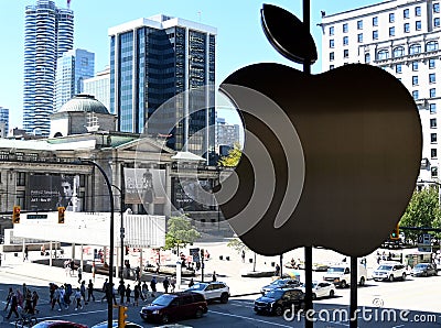 Vancouver, BC, Canada - August 16, 2023: The Apple Store Logo on the Apple Store in Vancouver Editorial Stock Photo