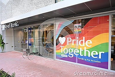 Vancouver, BC, Canada - August 16, 2023: The Royal Bank of Canada decorated in Pride colors in downtown of Vancouver Editorial Stock Photo