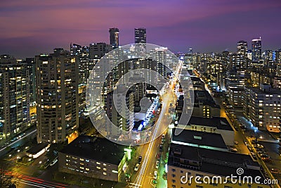 Vancouver BC Cityscape at Night Aerial Stock Photo