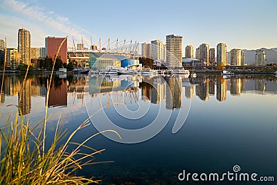 Vancouver, British Columbia, Canada April 16, 2020. False Creek Calm Morning Reflections Editorial Stock Photo