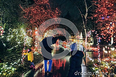 Families walking in a park on a rainy christmas night surrounded by beautiful colourful christmas lights, in Vancouver, Canada. Editorial Stock Photo
