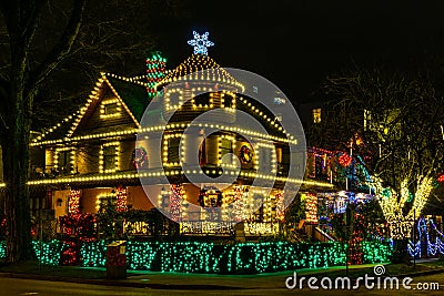 VANCOUVER, CANADA - December 25, 2018: luxury decorated homes and streets with garland lights in canadian city street Editorial Stock Photo