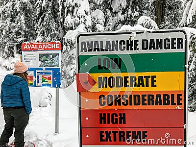 A snowshoer looking at the avalanche warning sign while starting the Bowen Island Lookout Trail on Cypress Mountain Editorial Stock Photo