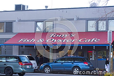 View of restaurant `Tony`s Fish and Oyster Cafe` on Granville Island Editorial Stock Photo