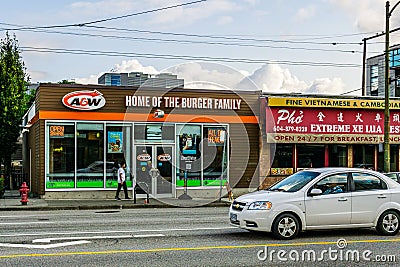 VANCOUVER, CANADA - JULY 19, 2019: a and w cafe burger shop on west broadway avenue Editorial Stock Photo